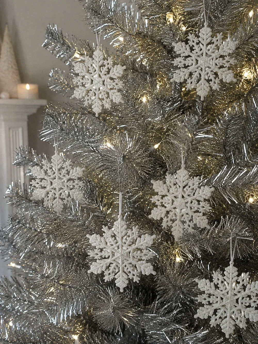 Lot of 12 Cream Ivory Glitter Snowflake Christmas Ornaments Holiday Decor